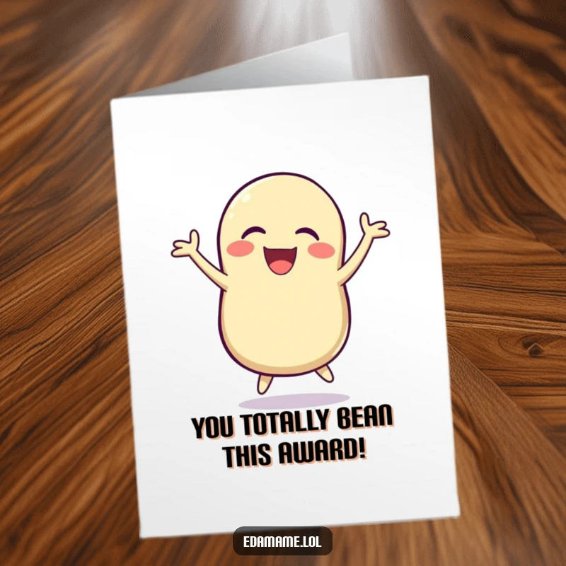Funny Free Printable Congrats Card: A happy bean pod is depicted mid-air, jumping for joy with a big laugh.