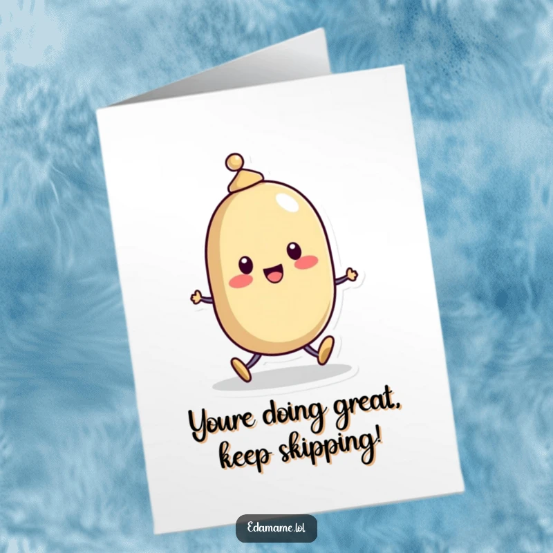 Funny Free Printable Congratulations Card: A bean character with a tiny hat skipping energetically, full of celebratory vibes.