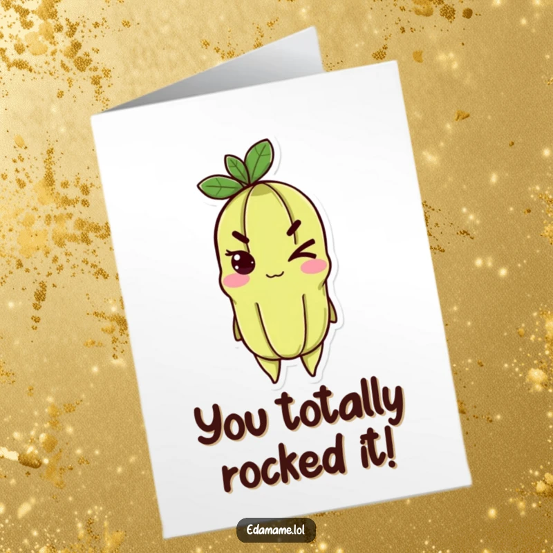 Funny Free Printable Congratulations Card showing a cheerful edamame character with a determined wink, celebrating a great achievement.