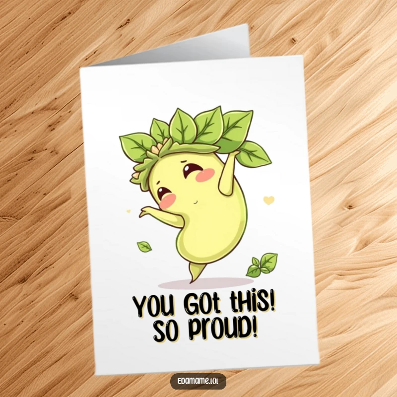 Funny Free Printable Congratulations Card: Edamame bean with leafy crown doing a playful somersault, celebrating success with energy