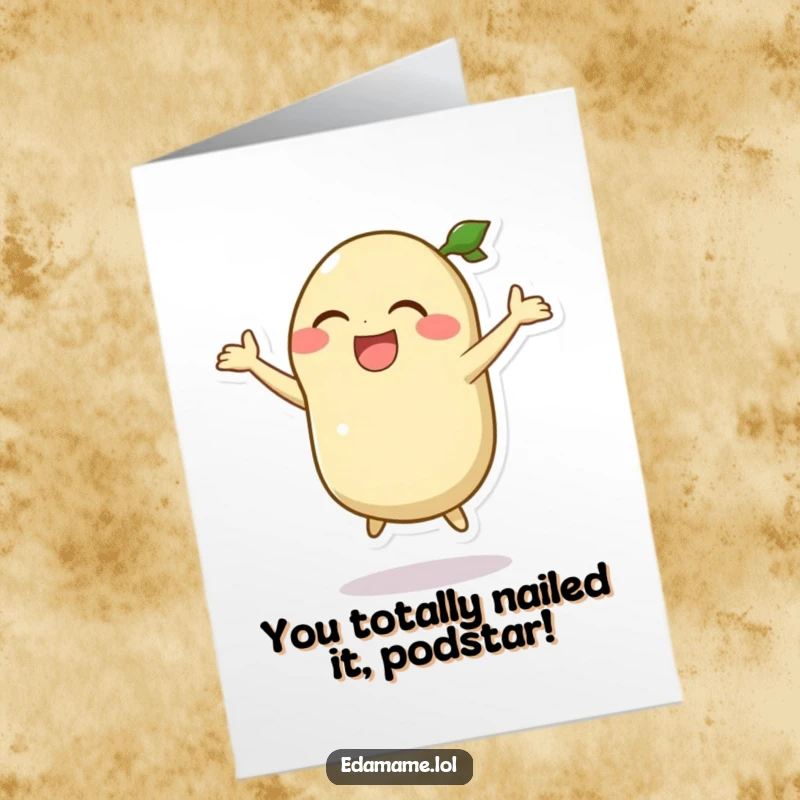 Funny Free Printable edamame pod character in mid-air, laughing joyfully during a silly jump for congratulations.