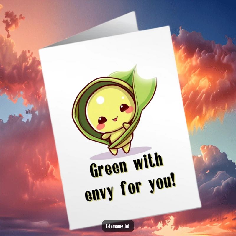 Funny Free Printable Congratulations Card: Playful edamame pod character peeking from behind a leaf, sharing congratulations discreetly.