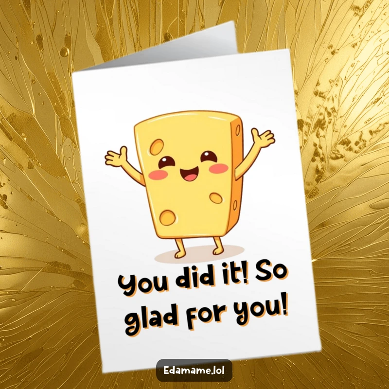 Funny Free Printable Congratulations Card: A smiling cheese slice with arms performing a happy, celebratory jig, perfect for any achievement.