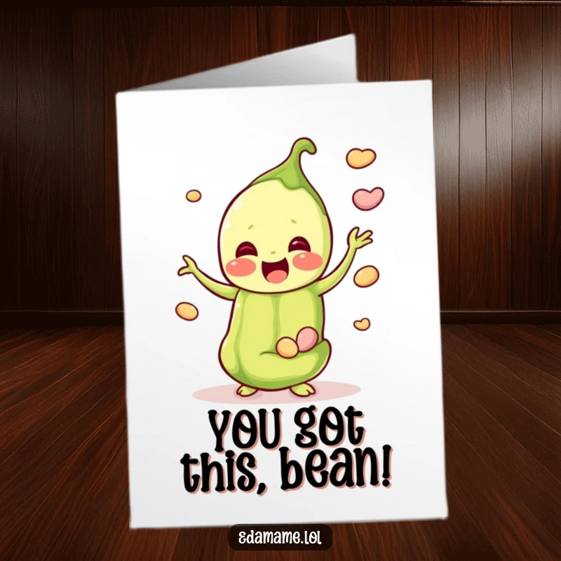 Funny Free Printable Congrats Card: A happy edamame pod skillfully juggles multiple beans, celebrating success with flair.