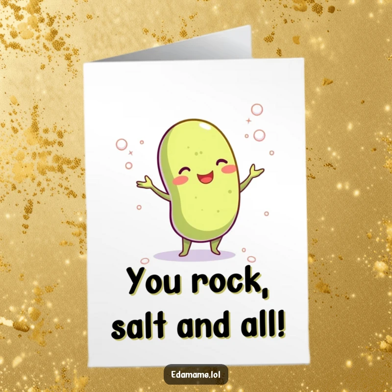 Funny Free Printable Congratulations Card: A cheerful edamame bean juggling tiny salt crystals, celebrating a successful moment with flair.