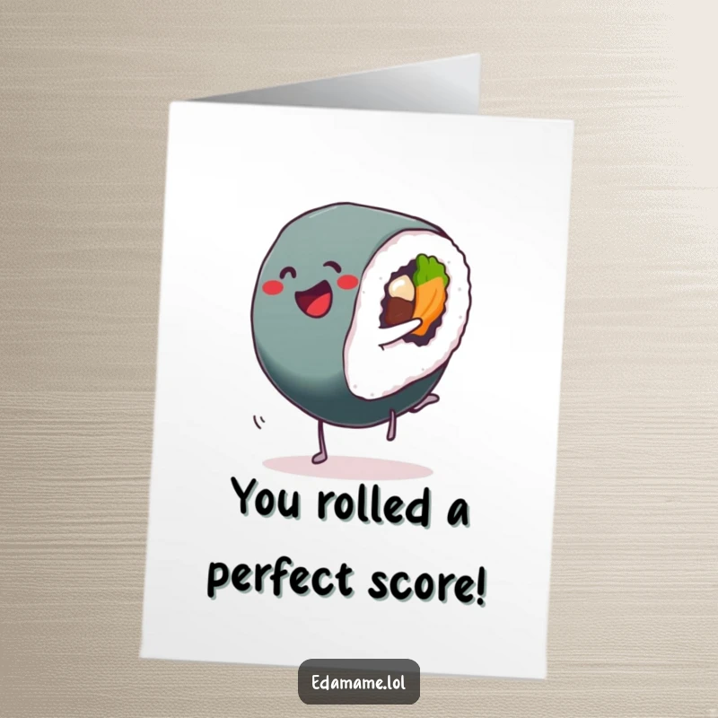 Funny Free Printable Congratulations Card with a sushi roll performing an energetic cartwheel, celebrating victories with humor.