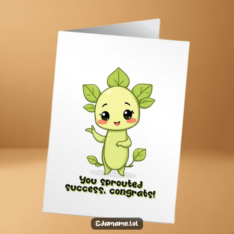 Funny Free Printable Congratulations Card: A proud edamame sprout striking a confident and comical pose to celebrate a big win.