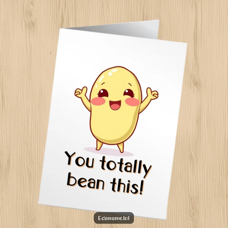 Funny Free Printable Congratulations Card: An overjoyed edamame pod character doing a jubilant victory dance, celebrating a win.