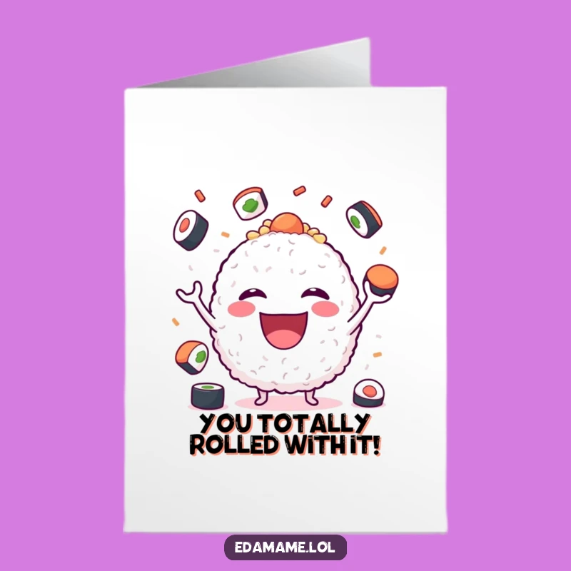 Free Printable Congrats Card: Amusing Rice Ball Sushi Juggler, Downloadable Celebration