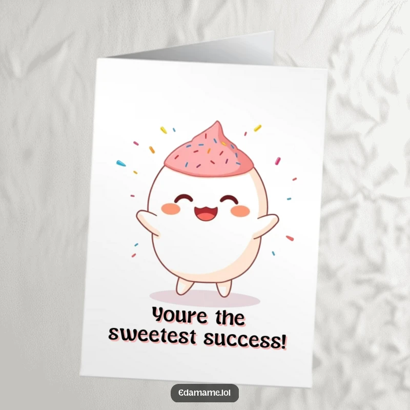 Funny Free Printable Congratulations Card: A happy mochi character in mid-dance with joyful sprinkles erupting around it.