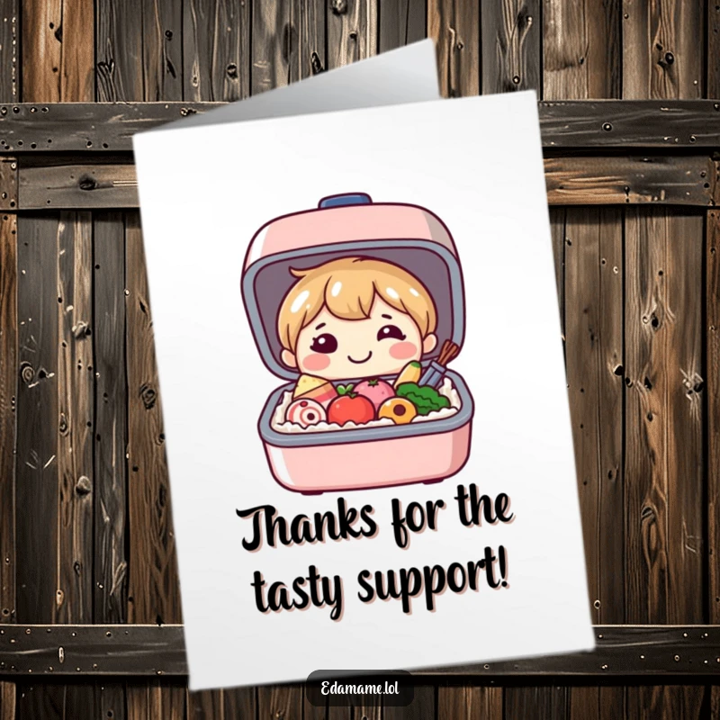 Funny Free Printable Bento Box Thank You Card, smiling character sharing happy food, expressing gratitude with a giggle.