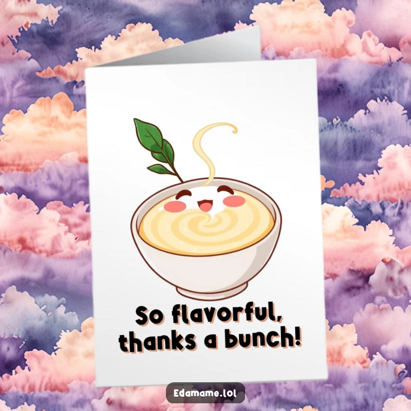 Funny Free Printable Dashi Broth Thank You Card, gleeful character swirling, expressing gratitude with a tasty twist.