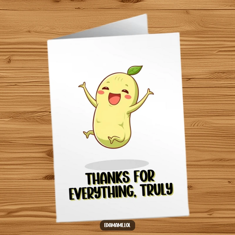 Funny Free Printable Thank You Card depicting an edamame pod with small legs executing a perfect, happy cartwheel.