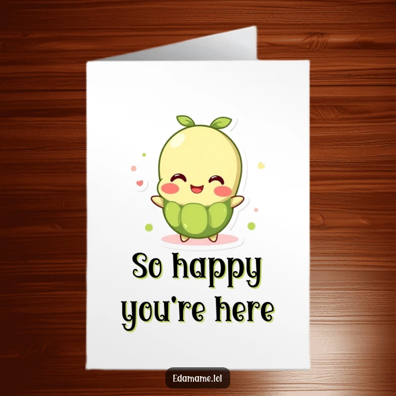 Funny Free Printable Thank You Card: Bubbly edamame bean character overflowing with cheerful gratitude and happiness.
