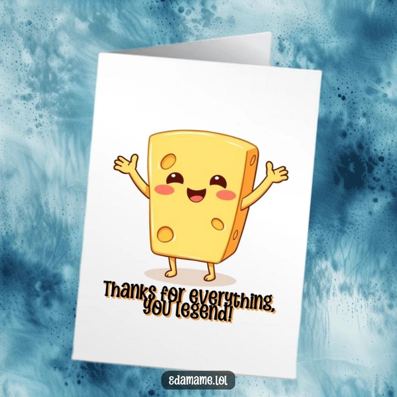 Funny Free Printable Thank You Card: A smiling, jigging cheese character with arms raised, expressing joyful thanks, printable and downloadable.