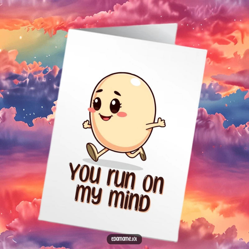 Funny Free Printable Thank You Card: A smiling bean with a determined look runs, conveying thanks with energetic speed.