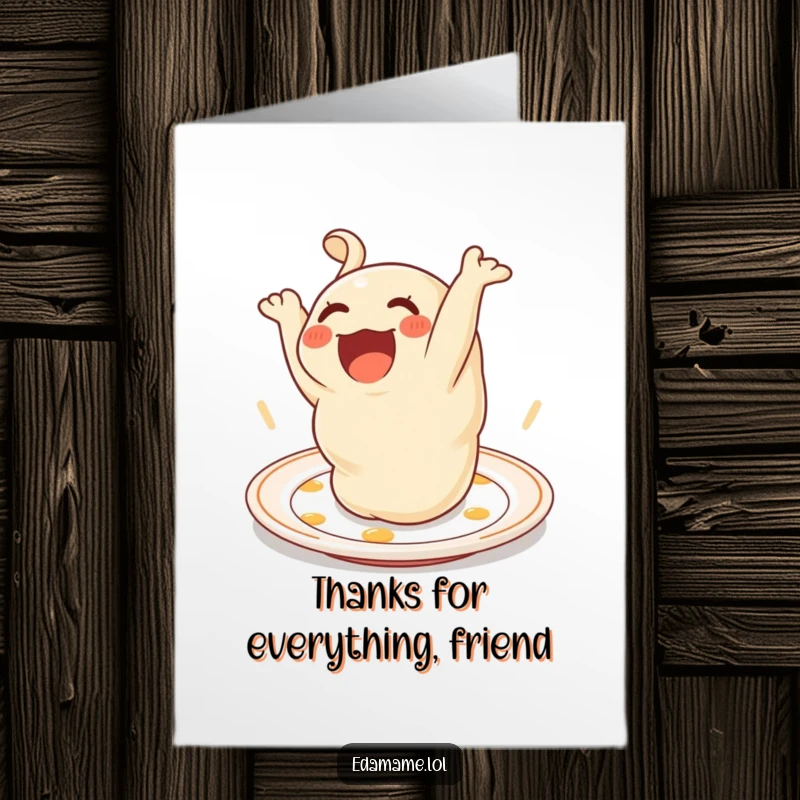 Funny Free Printable Thank You Card: A happy dumpling character executing a perfect somersault on a plate, sending thanks.