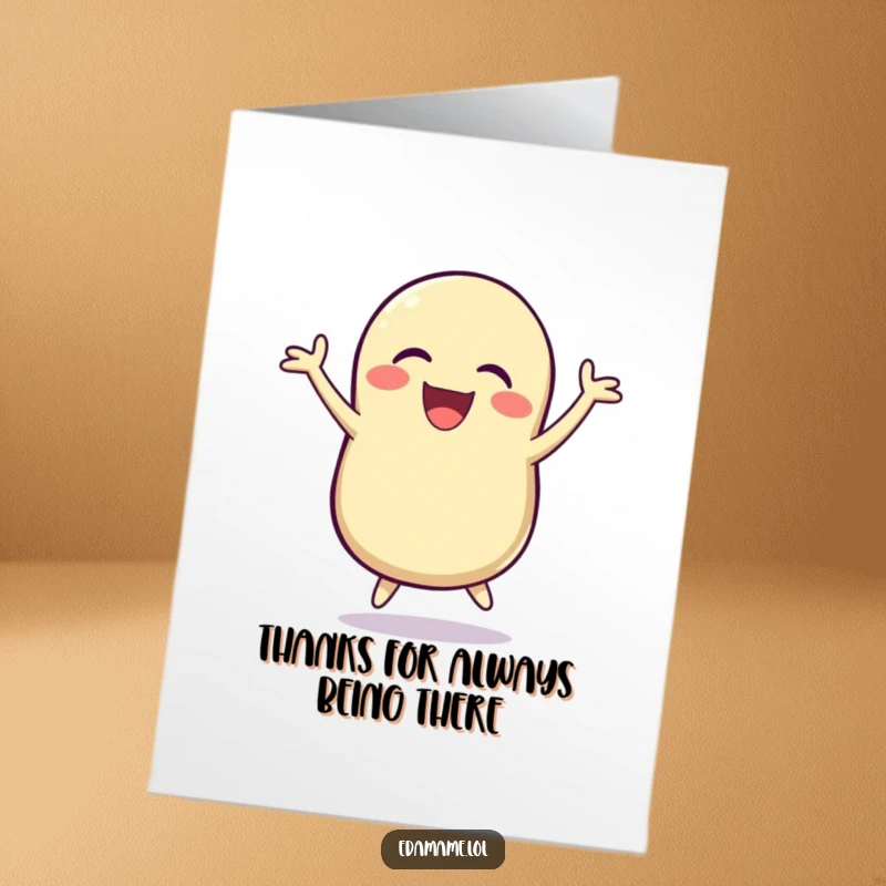 Funny Free Printable Thank You Card: A bean pod laughing heartily and jumping with joy, conveying thanks with enthusiasm.