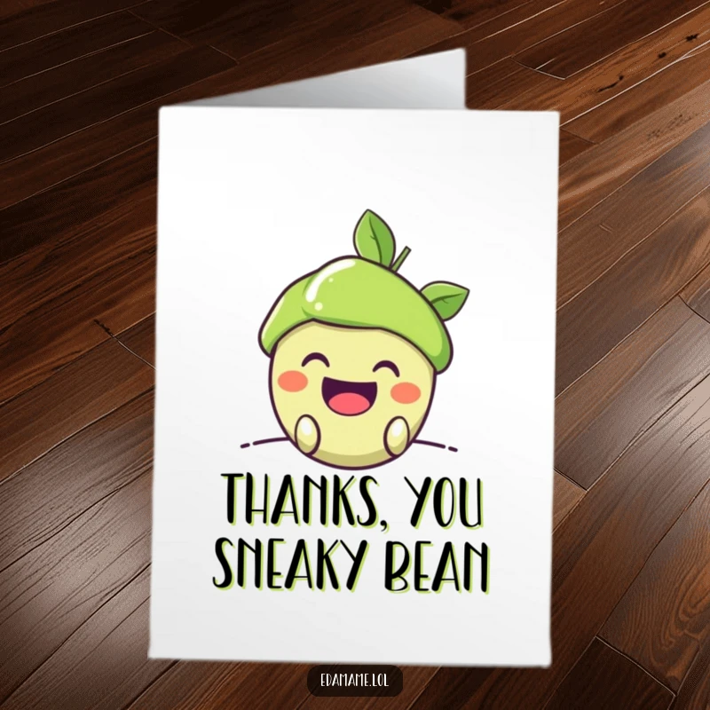 Funny Free Printable Thank You Card: Happy edamame pod peeking out, offering thanks with a charming, mischievous grin.