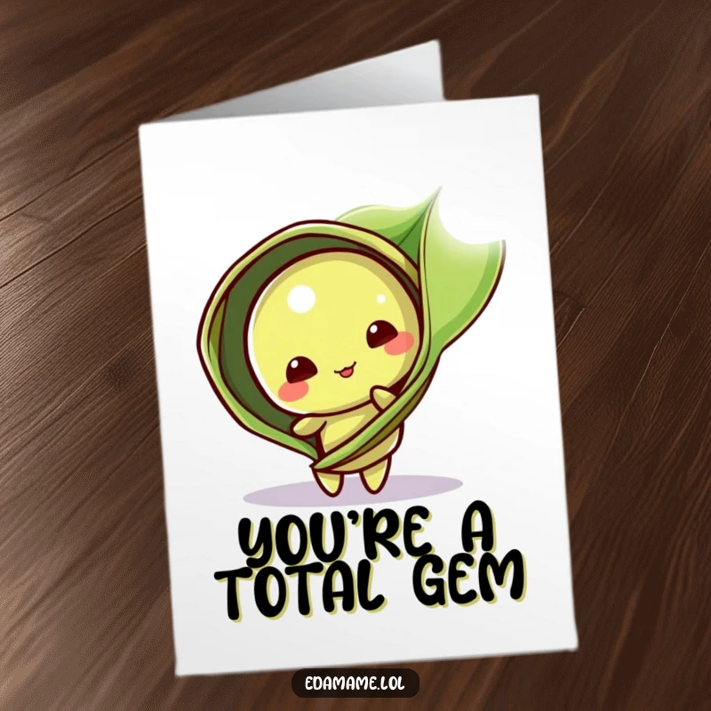 Funny Free Printable Thank You Card: Playful edamame pod character peeking curiously from behind a leaf, expressing thanks playfully.