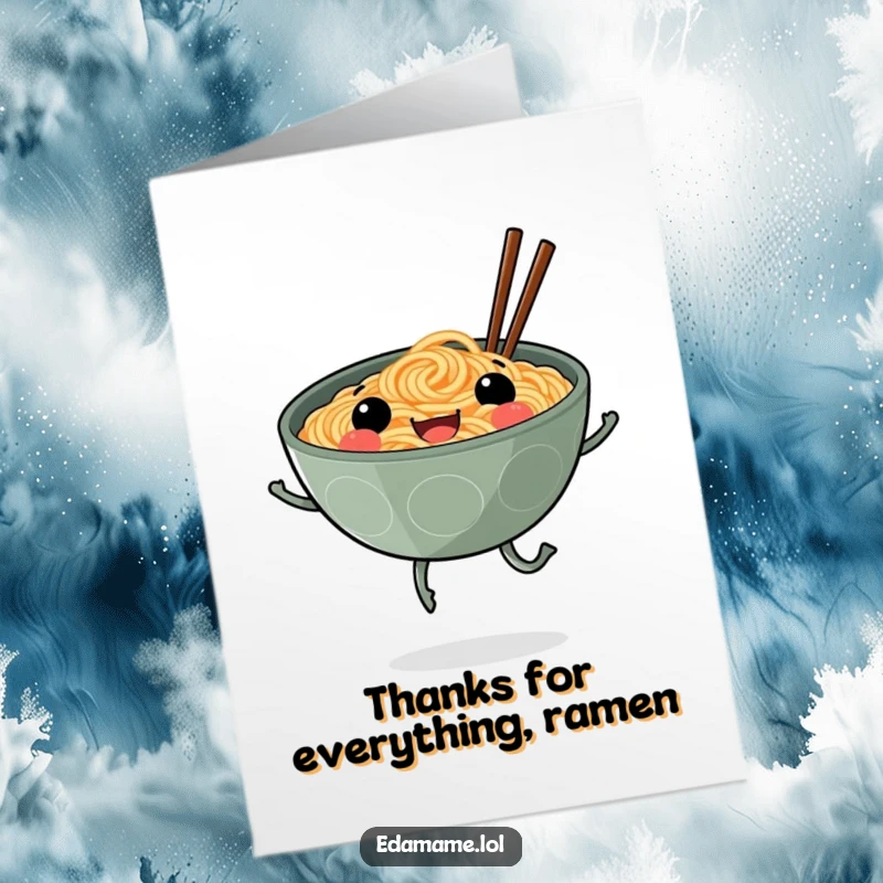 Funny Free Printable Thank You Card: A smiling ramen bowl with legs cheerfully skips, expressing gratitude in a delightful way.