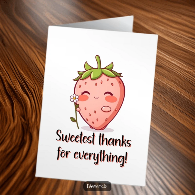 Funny Free Printable Thank You Card: A blushing strawberry shyly presents a tiny flower, offering heartfelt thanks.
