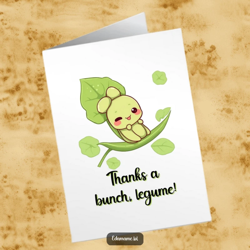 Funny Free Printable Thank You Card: Cute edamame character zips down a leaf, expressing thanks with a playful gesture.