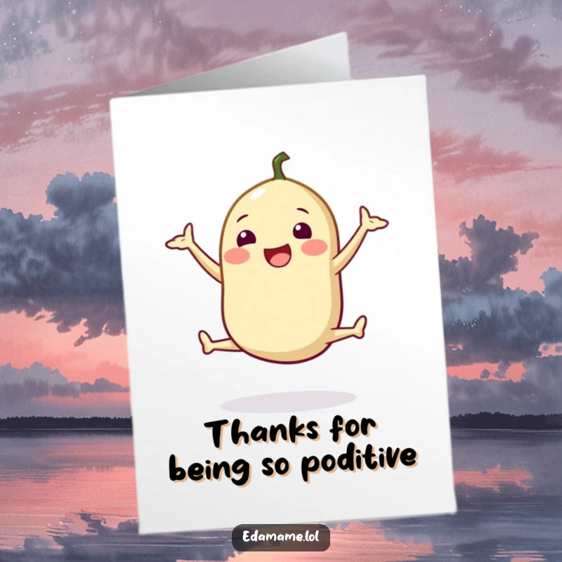 Funny Free Printable Thank You Card: A happy edamame pod doing a split jump, expressing thanks with energy.
