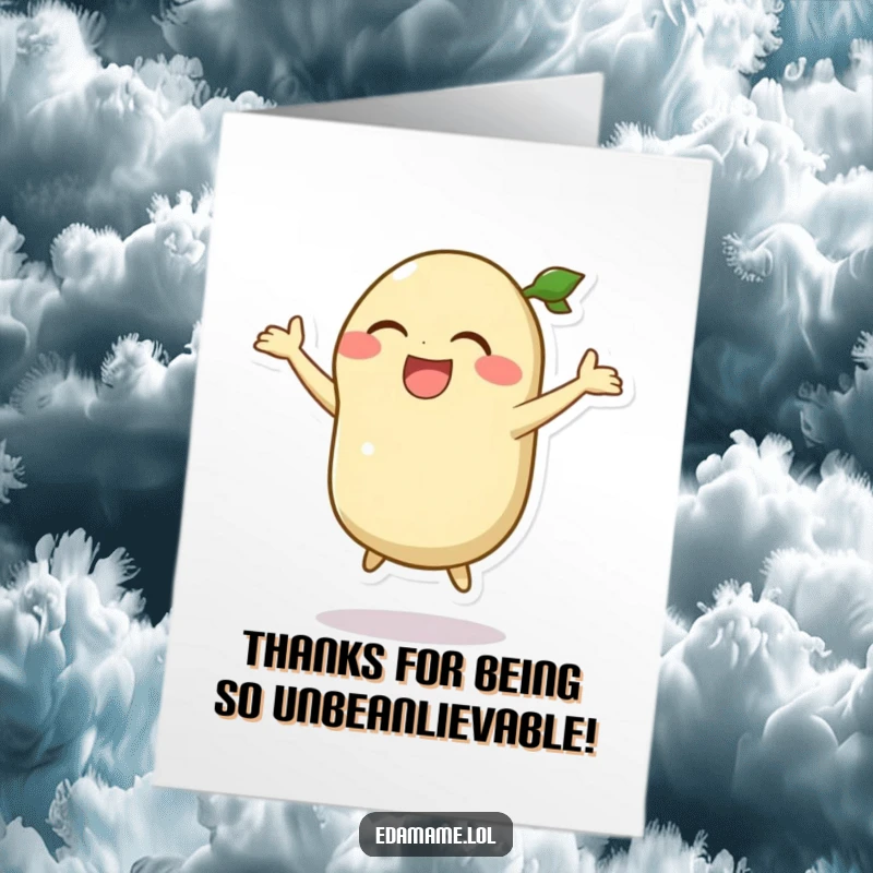 Funny Free Printable edamame pod character captured mid-laugh during a silly jump, expressing heartfelt thanks.