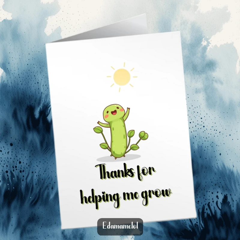 Funny Free Printable Thank You Card depicting a cheerful edamame shoot reaching joyfully towards the sun.