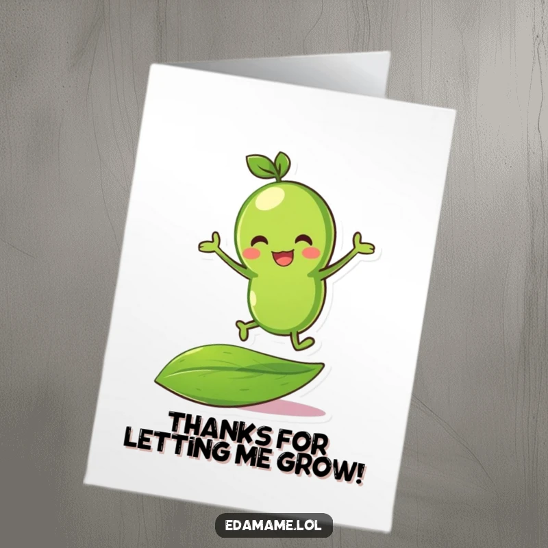 Funny Free Printable Thank You Card: A springy green bean character bouncing happily on a leaf, conveying heartfelt thanks.