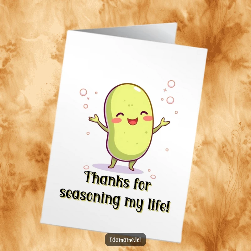 Funny Free Printable Thank You Card: A cheerful edamame bean character juggling tiny salt crystals, conveying thanks with a playful wink.