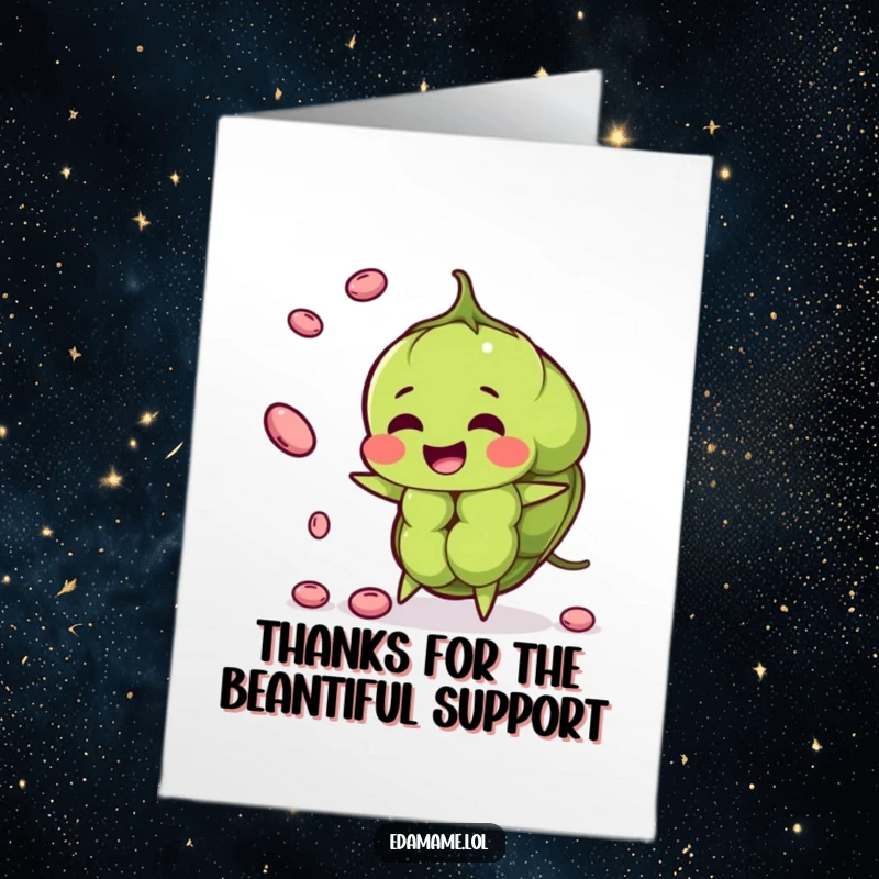 Funny Free Printable Thank You Card with a smiling Edamame pod impressively juggling smaller beans, expressing thanks.