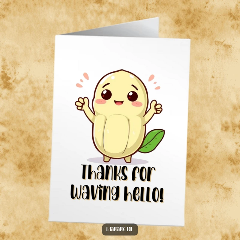 Funny Free Printable Thank You Card: A cheerful edamame pod with tiny arms waves enthusiastically, saying thank you.
