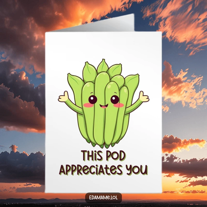 Funny Free Printable Thank You Card: A cheerful edamame cluster with arms waving, expressing thanks, downloadable art.