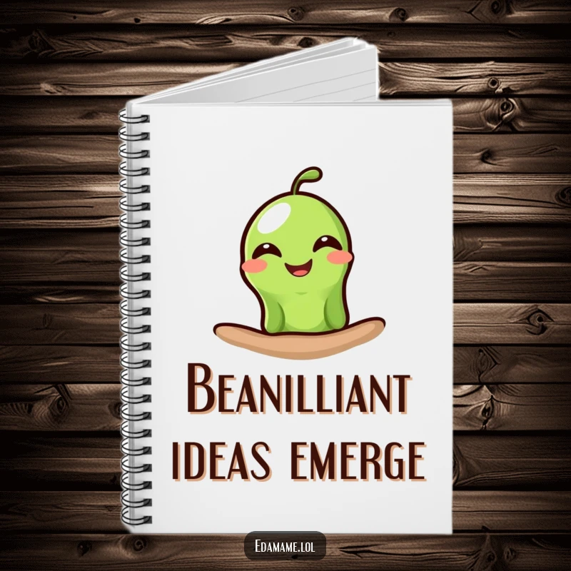 Funny edamame notebook with a single green bean peeking out with a wide, happy grin, ideal for note-taking with a cheerful touch.