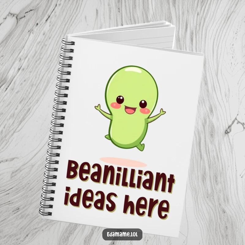 Funny happy edamame bean notebook, a joyful edamame jumping from its open pod, perfect for notes.