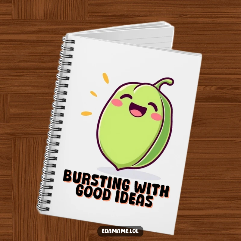 Funny Edamame Notebook with a giggling green pod cover, ideal for jotting down ideas and doodles.
