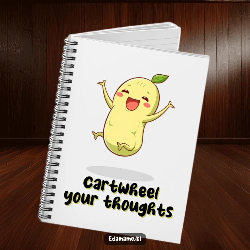 Funny edamame notebook with a green pod and tiny legs doing a joyful cartwheel, ideal for note-taking with an energetic touch.