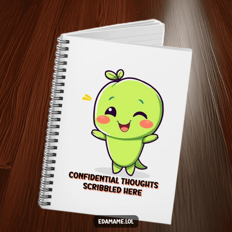 Funny notebook with a happy edamame bean character giving a playful wink, ideal for jotting down notes with a cheeky and humorous vibe.