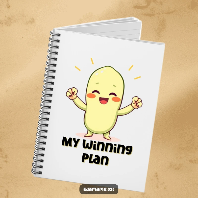 Funny cheering edamame bean notebook, featuring a small green bean character with tiny fists pumped in a motivational, humorous style.