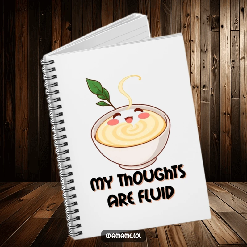 Funny notebook with a gleeful dashi broth character swirling happily in a bowl, perfect for jotting down recipes and kitchen ideas.