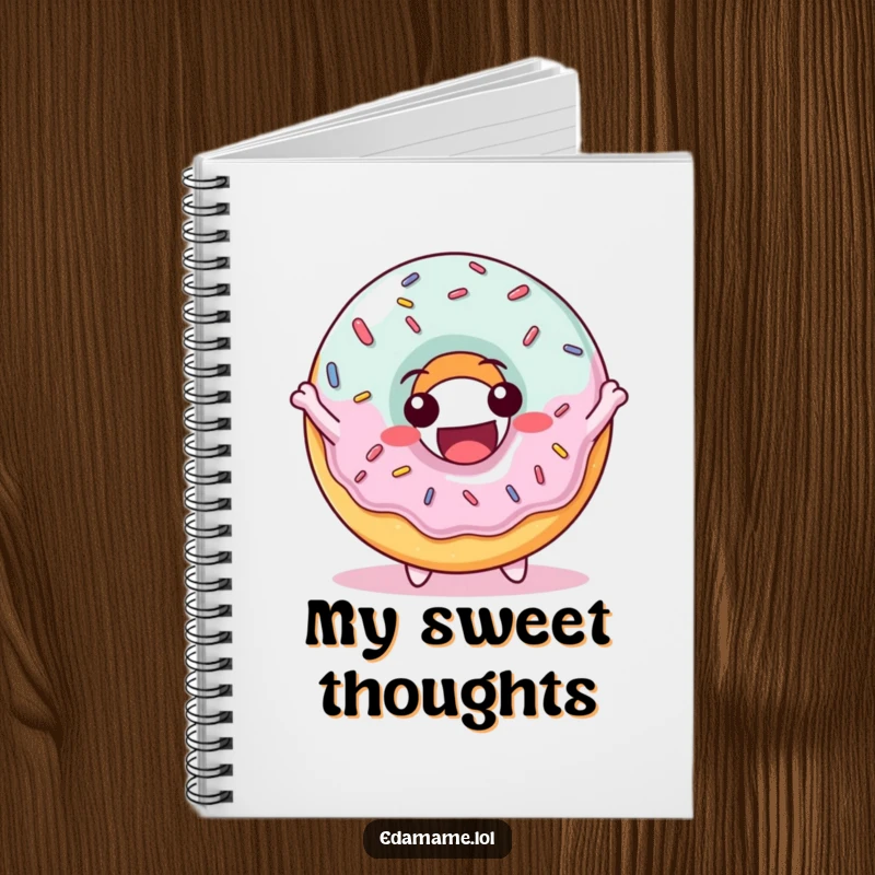 Funny notebook featuring a delighted donut character with sprinkles, bouncing joyfully, ideal for notes and doodles.