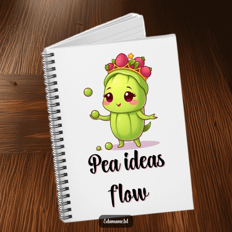 Funny notebook cover showing an edamame pod with a berry tiara, skillfully juggling peas, ready to capture your thoughts.