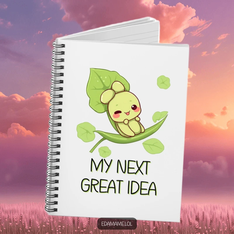 Funny notebook featuring a cute edamame character happily sliding down a leaf, inspiring creative writing and note-taking.