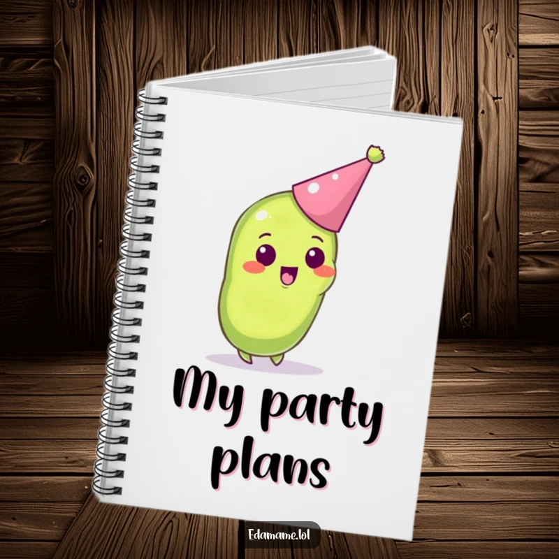 Funny notebook showcasing an excited anthropomorphic edamame pod with a party hat, perfect for party planning.
