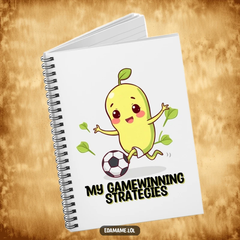Funny notebook cover showing a happy edamame bean kicking a small soccer ball, symbolizing focus and play.
