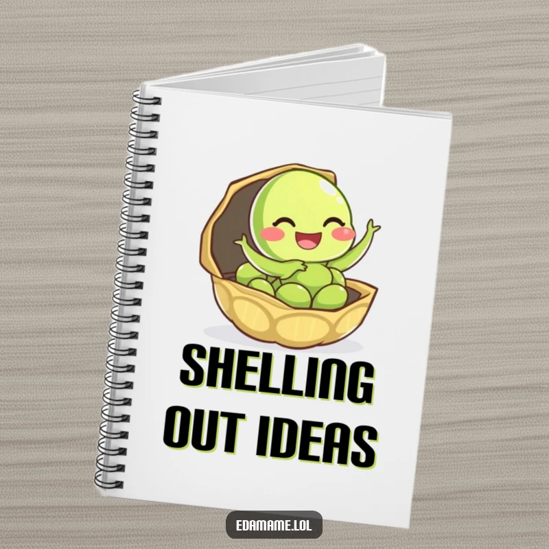 Funny edamame notebook with a giggling character leaping from its pod, ideal for jotting down joyful ideas.