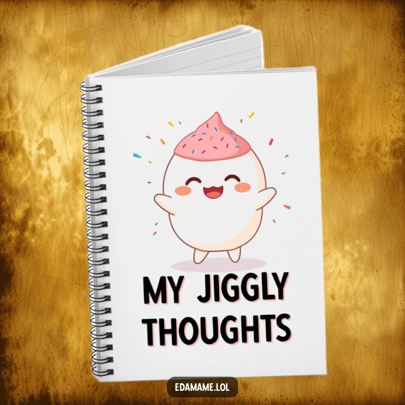 Funny Notebook with a giggling mochi character dancing with sprinkles, great for notes and sweet ideas.