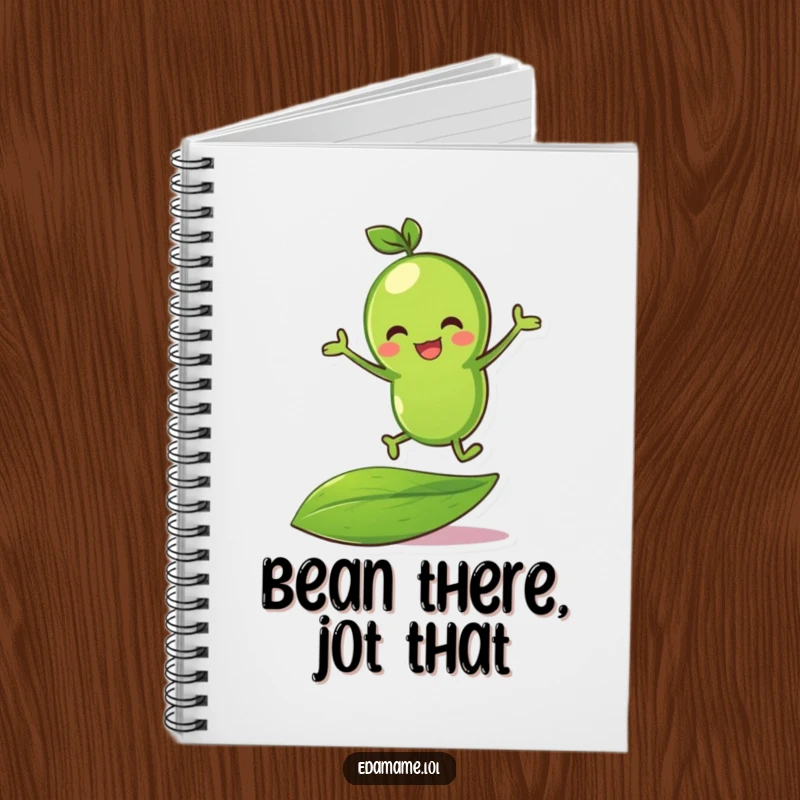 Funny green bean character bouncing on a leaf, featured on the cover of a functional notebook.